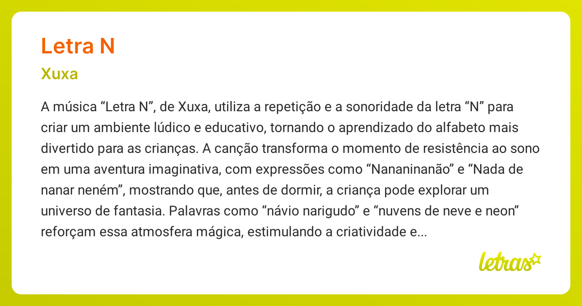 Significado da música LETRA N (Xuxa) - LETRAS.MUS.BR