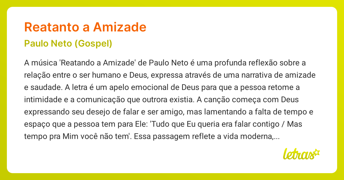 Significado da música REATANTO A AMIZADE (Paulo Neto (Gospel)) - LETRAS ...
