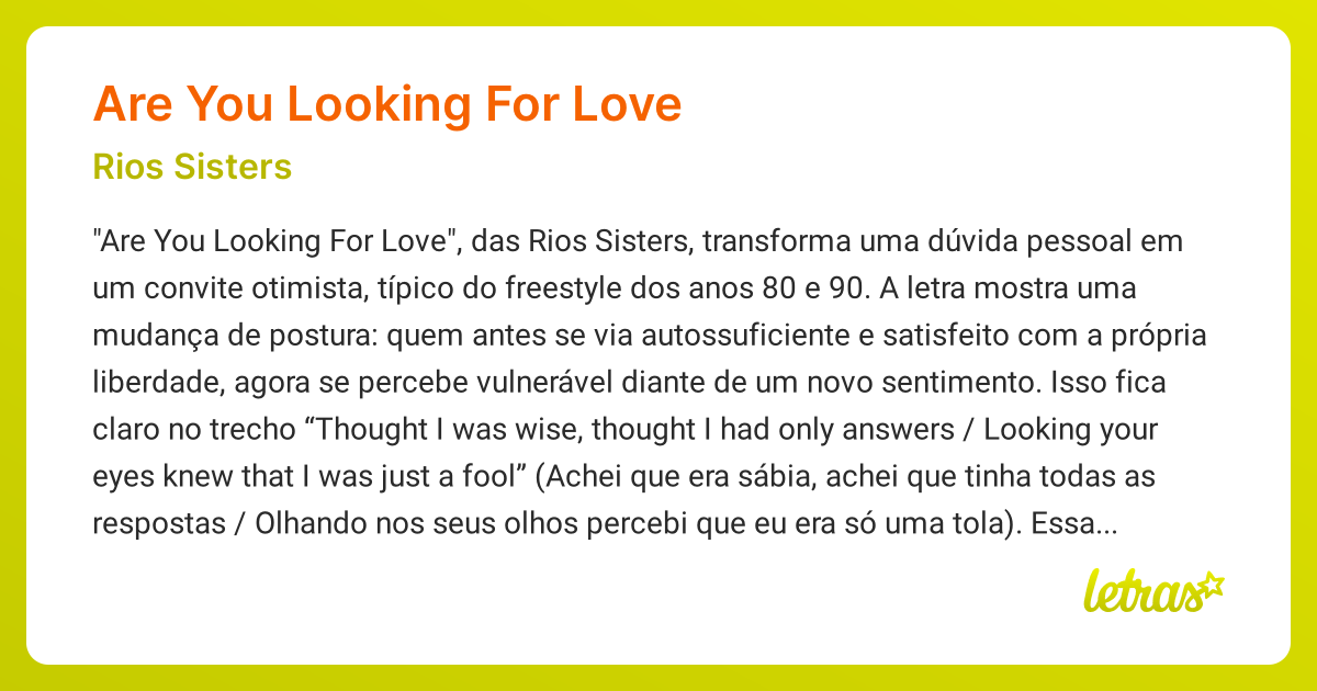 Significado da música ARE YOU LOOKING FOR LOVE (Rios Sisters) - LETRAS ...