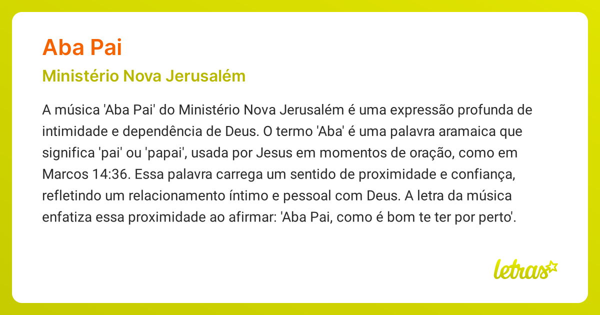 Significado da música ABA PAI (Ministério Nova Jerusalém) - LETRAS.MUS.BR