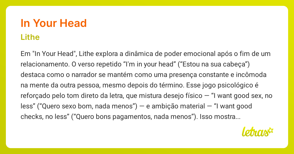 Significado da música IN YOUR HEAD (Lithe) - LETRAS.MUS.BR