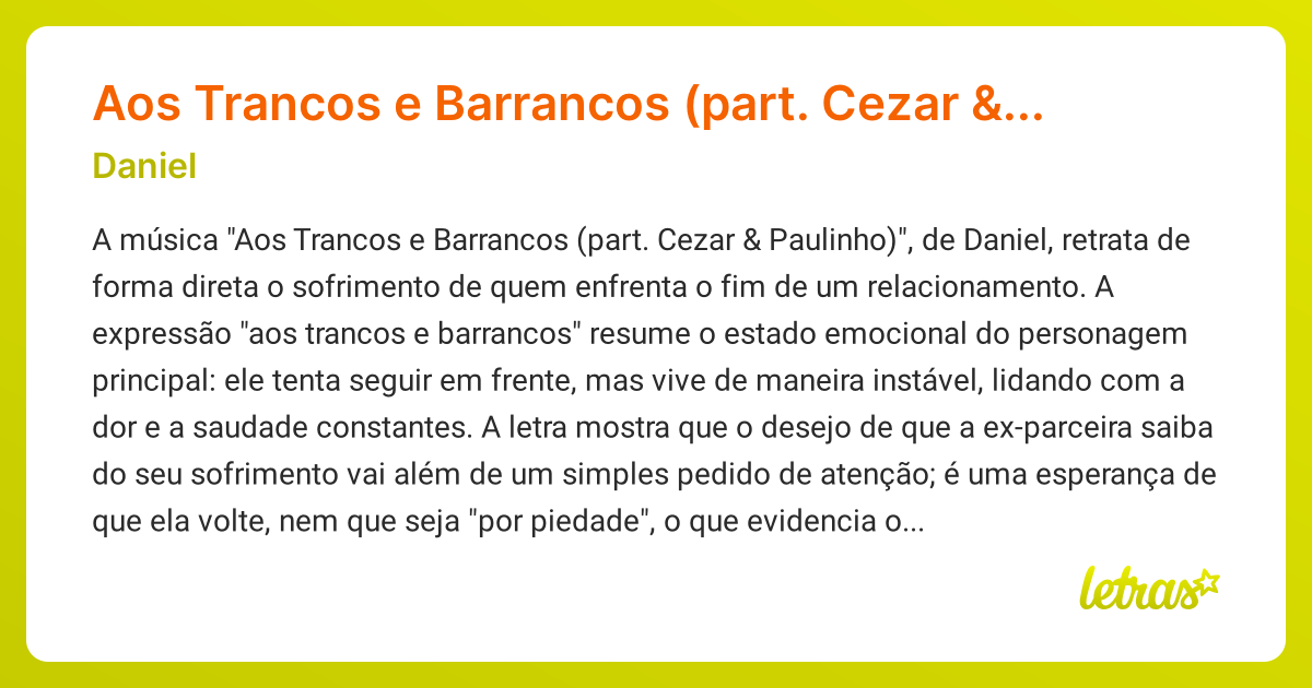Significado da música Aos Trancos e Barrancos (part. Cezar & Paulinho ...