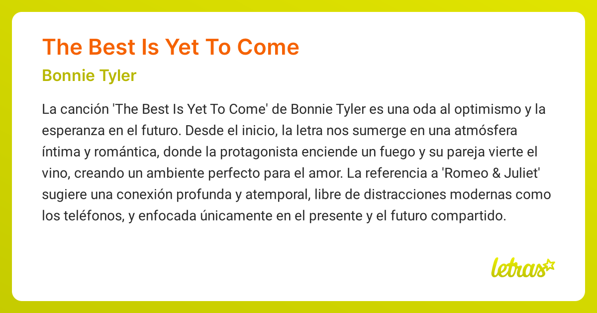 Significado de la canción THE BEST IS YET TO COME (Bonnie Tyler