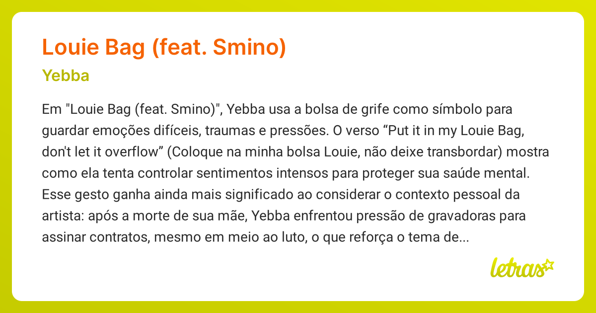 Significado da música LOUIE BAG (FEAT. SMINO) (YEBBA) LETRAS.MUS.BR
