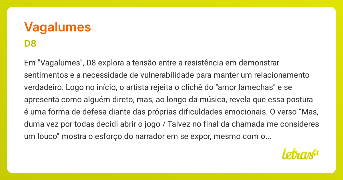 Significado da música VAGALUMES (D8) - LETRAS.MUS.BR