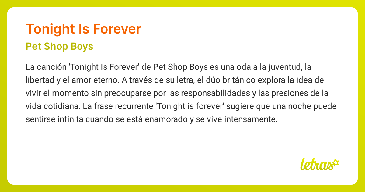 Significado de la canción TONIGHT IS FOREVER (Pet Shop Boys
