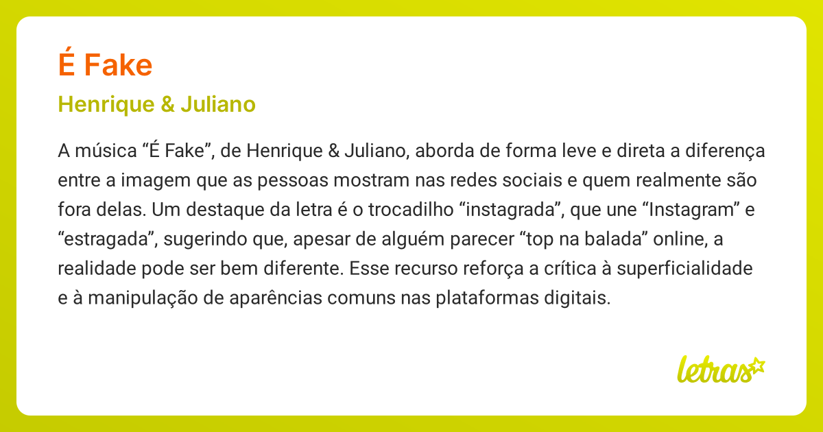 Significado da música É FAKE (Henrique & Juliano) - LETRAS.MUS.BR