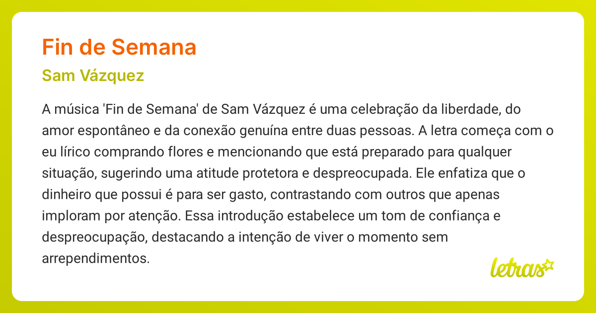 Significado da música FIN DE SEMANA (Sam Vázquez) - LETRAS.MUS.BR