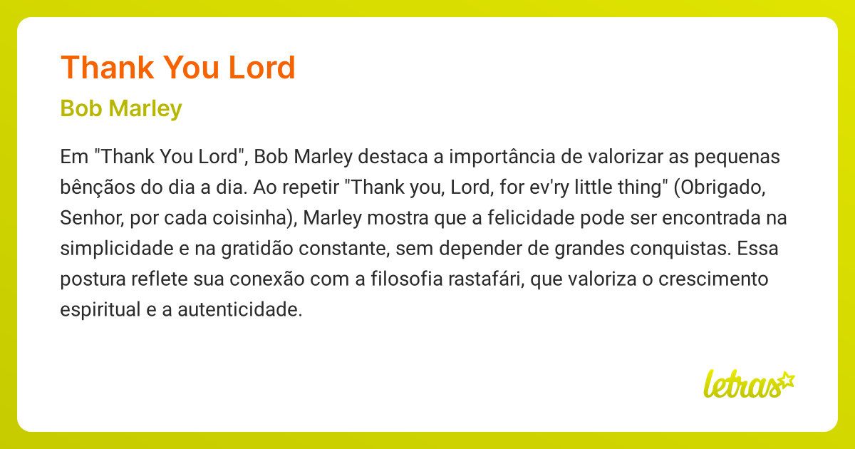 Significado da música THANK YOU LORD (Bob Marley) - LETRAS.MUS.BR