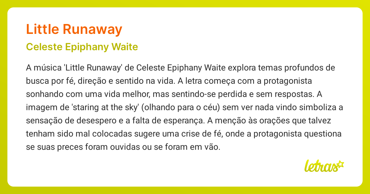 Significado da música LITTLE RUNAWAY (Celeste Epiphany Waite) - LETRAS ...