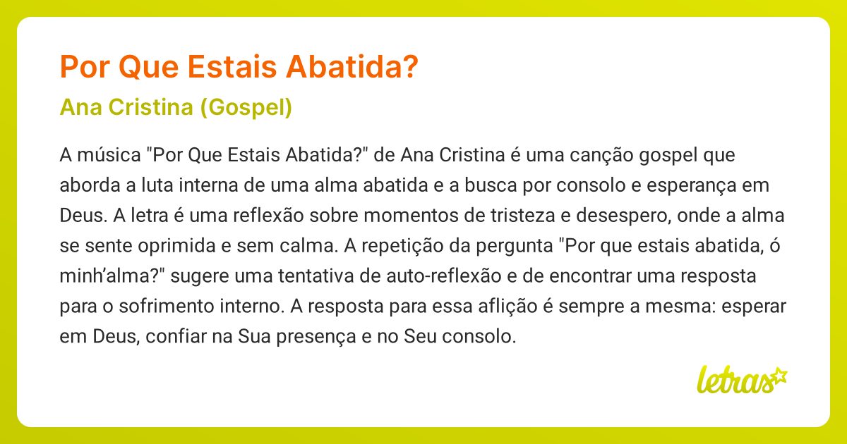 Significado da música POR QUE ESTAIS ABATIDA? (Ana Cristina (Gospel ...