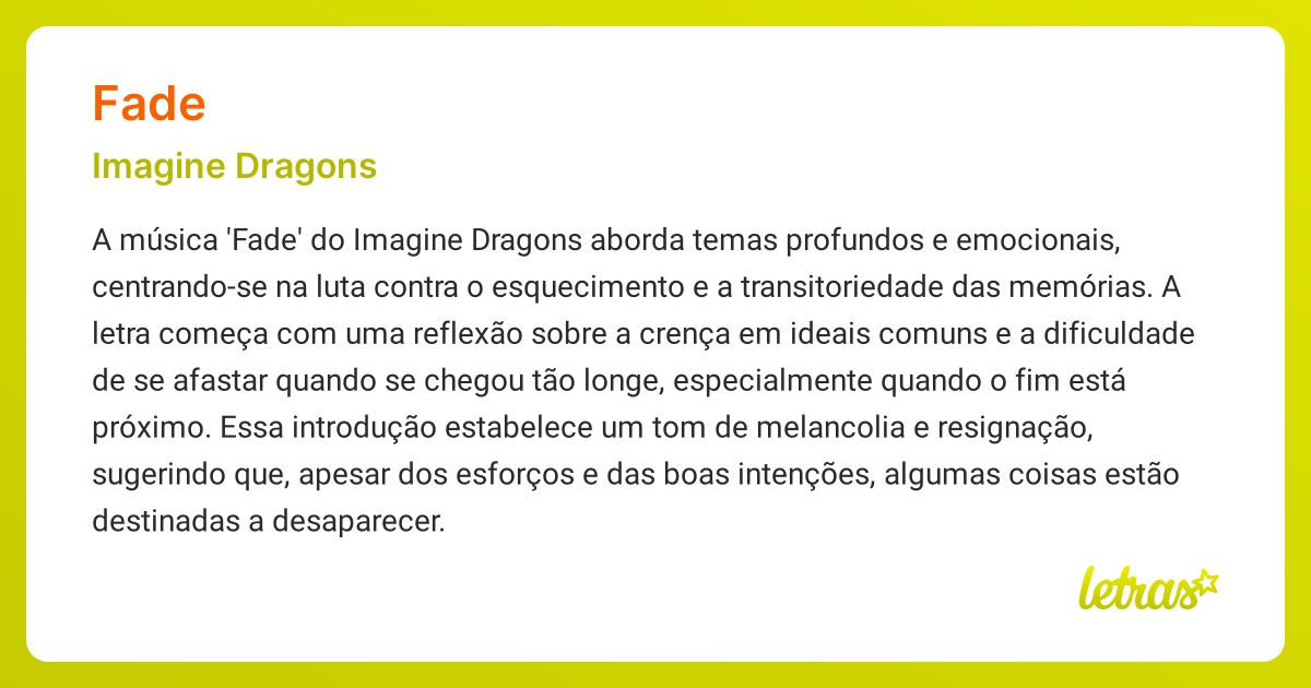 Significado da música FADE (Imagine Dragons) - LETRAS.MUS.BR