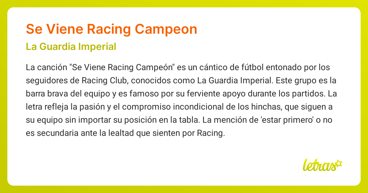 Significado de la canción SE VIENE RACING CAMPEON (La Guardia Imperial ...
