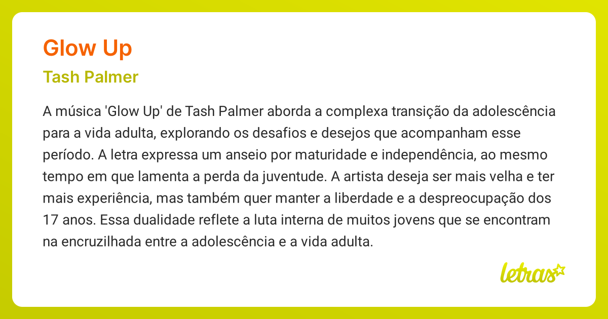 Significado da música GLOW UP (Tash Palmer) - LETRAS.MUS.BR