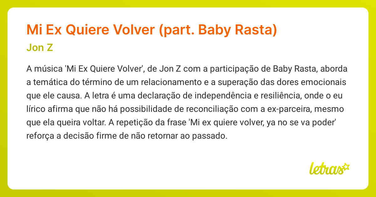 Significado da música Mi Ex Quiere Volver (part. Baby Rasta) (Jon Z ...