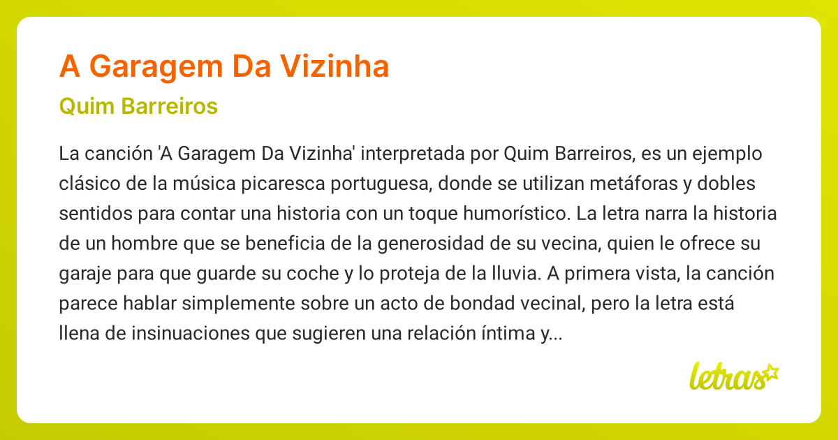 Significado de la canción A GARAGEM DA VIZINHA (Quim Barreiros ...