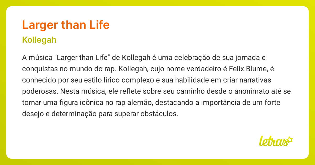 Significado da música LARGER THAN LIFE (Kollegah) LETRAS.MUS.BR
