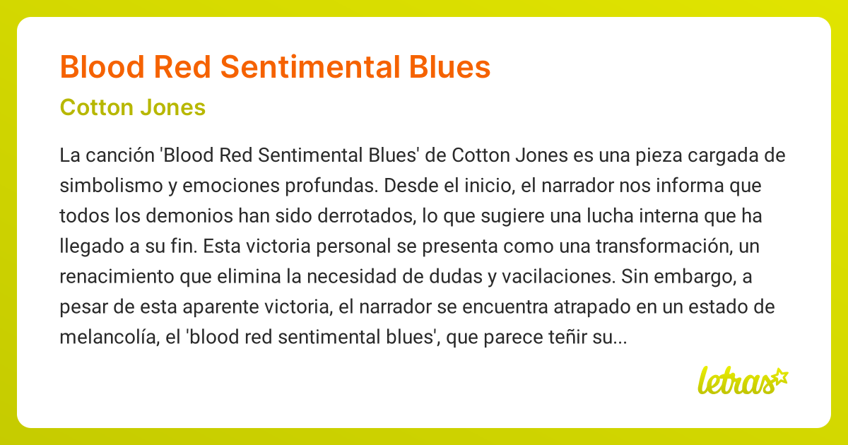 Significado de la canción BLOOD RED SENTIMENTAL BLUES (Cotton Jones