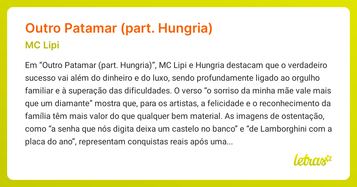 Significado da música OUTRO PATAMAR (PART. HUNGRIA) (MC Lipi) - LETRAS ...