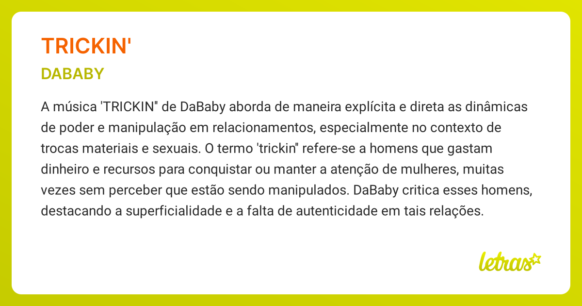 Significado da música TRICKIN' (DABABY) - LETRAS.MUS.BR