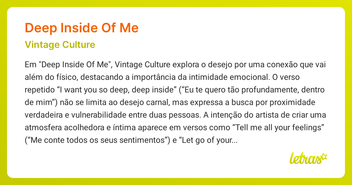 Significado da música DEEP INSIDE OF ME (Vintage Culture) - LETRAS.MUS.BR