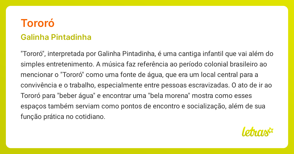 Significado da música TORORÓ (Galinha Pintadinha) - LETRAS.MUS.BR
