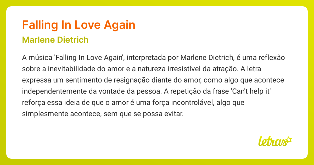 Significado Da Música Falling In Love Again (marlene Dietrich) - Letras 