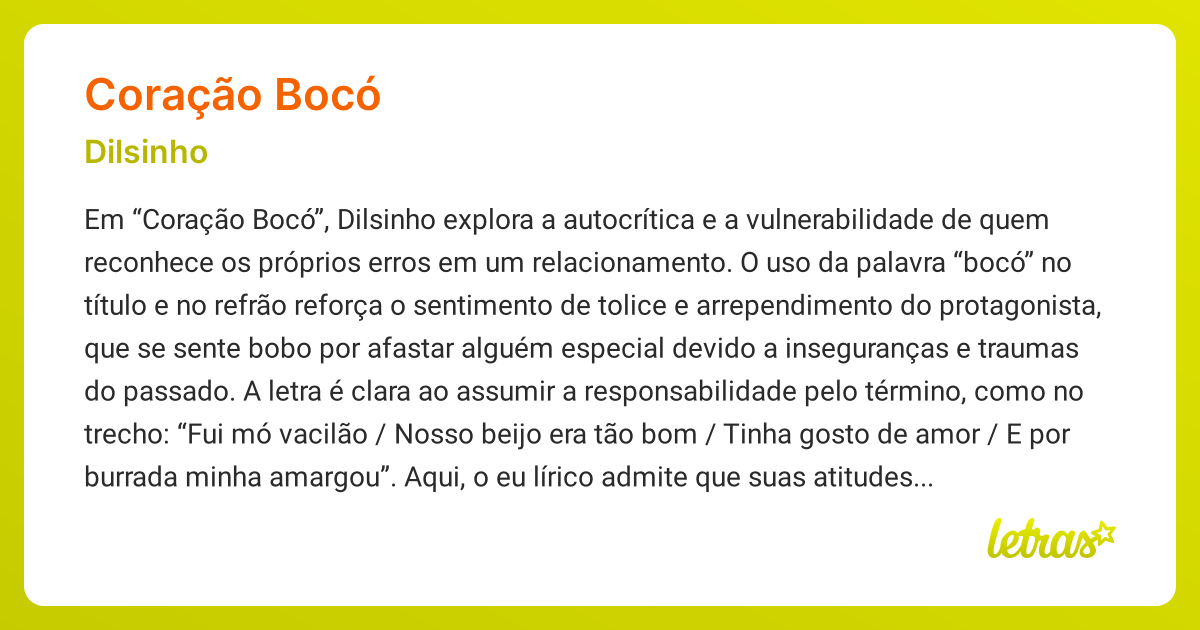 Significado da música CORAÇÃO BOCÓ (Dilsinho) - LETRAS.MUS.BR