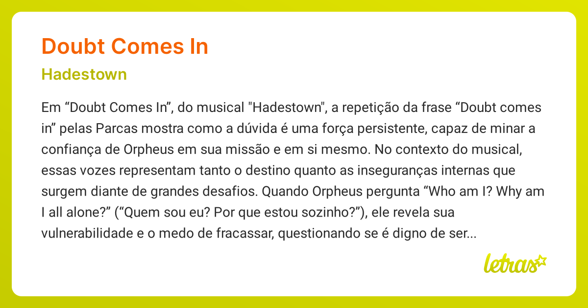 Significado da música DOUBT COMES IN (Hadestown) - LETRAS.MUS.BR