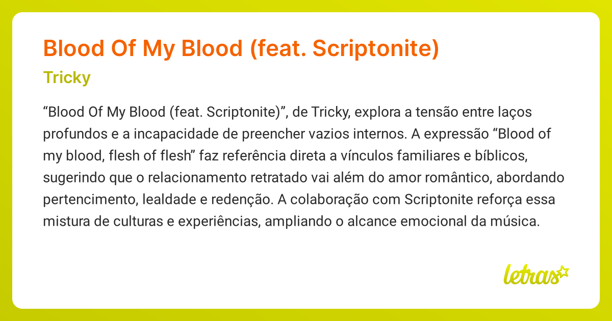 Significado da música Blood Of My Blood (feat. Scriptonite) (Tricky ...