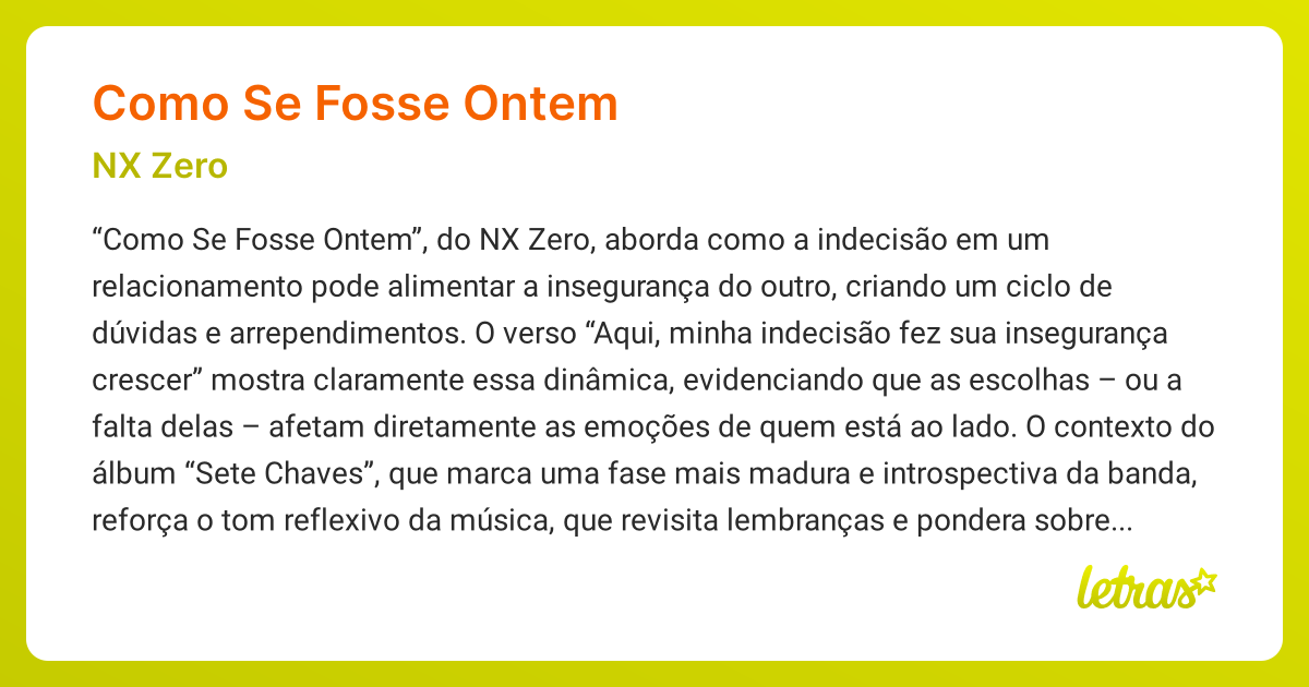 Significado da música COMO SE FOSSE ONTEM (NX Zero) - LETRAS.MUS.BR