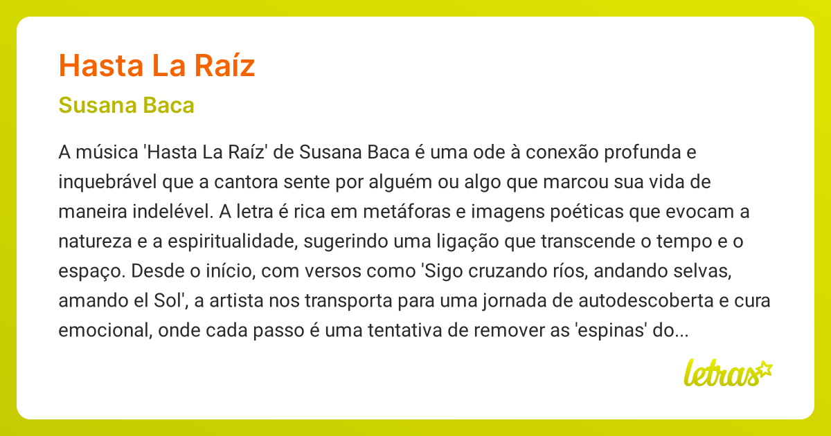 Significado da música HASTA LA RAÍZ (Susana Baca) - LETRAS.MUS.BR