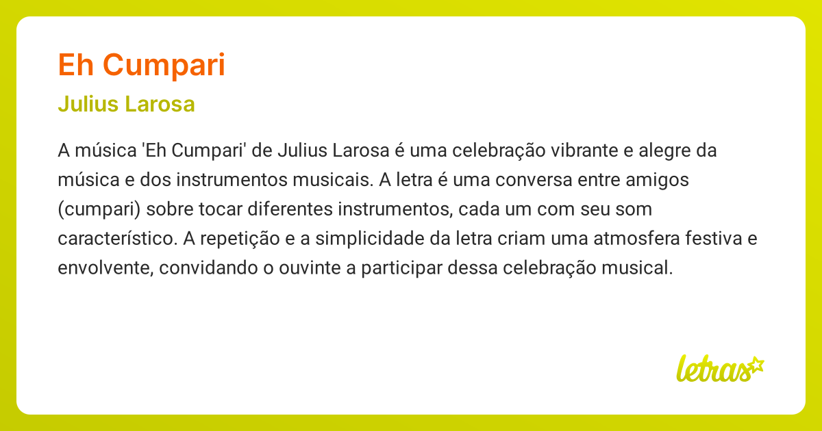 Significado da música EH CUMPARI (Julius Larosa) - LETRAS.MUS.BR