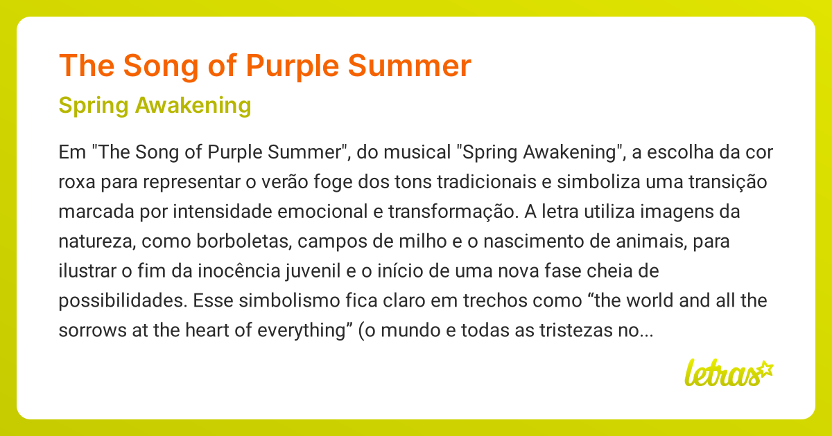 Significado da música THE SONG OF PURPLE SUMMER (Spring Awakening