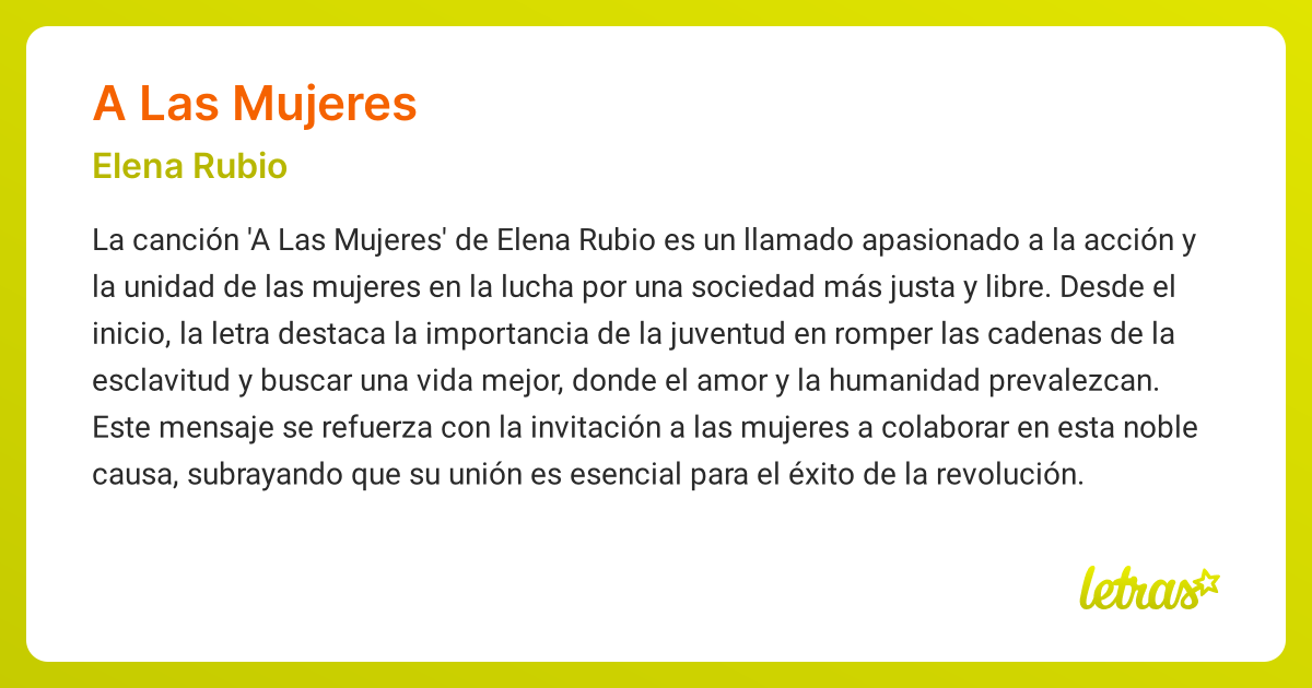 Significado de la canción A LAS MUJERES (Elena Rubio) - LETRAS.COM