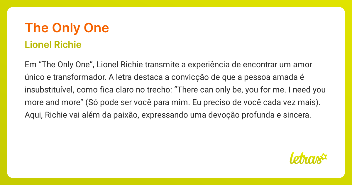 Significado da música THE ONLY ONE (Lionel Richie) - LETRAS.MUS.BR