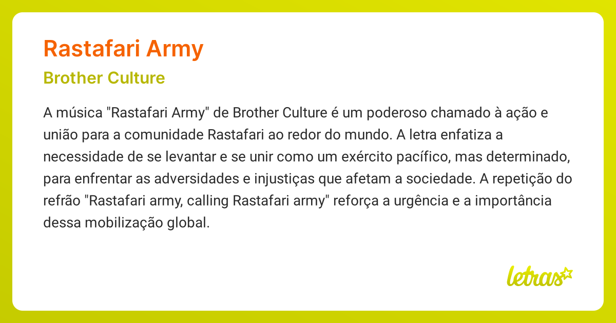 Significado da música RASTAFARI ARMY (Brother Culture) - LETRAS.MUS.BR