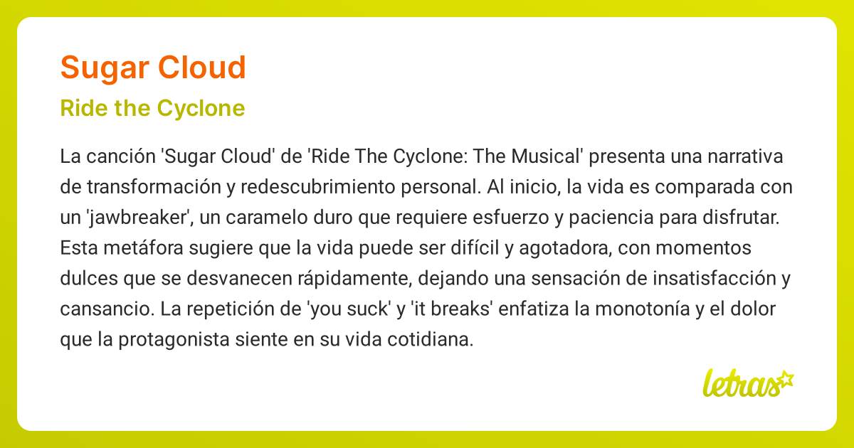 Significado de la canción SUGAR CLOUD (Ride The Cyclone The Musical