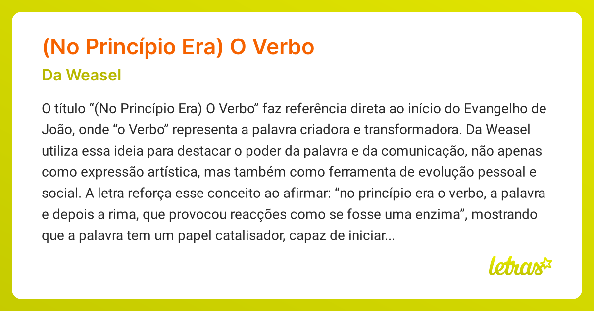 Significado da música (NO PRINCÍPIO ERA) O VERBO (Da Weasel) - LETRAS ...