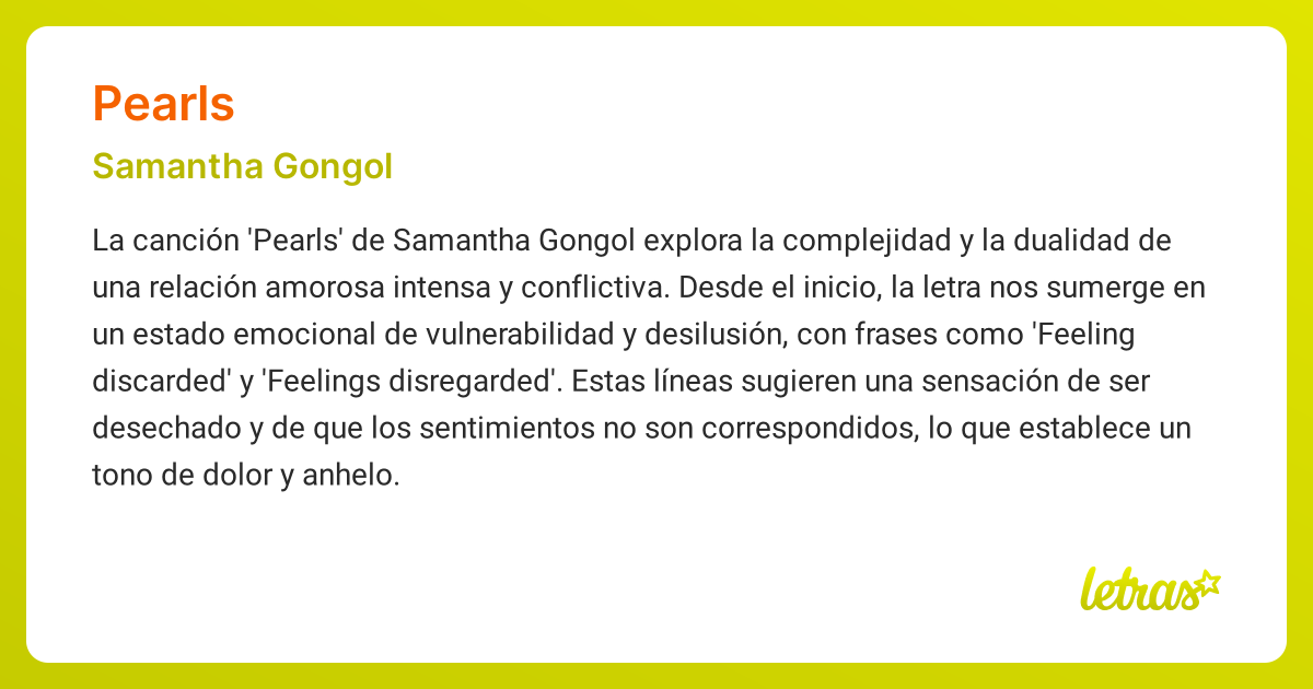 Significado de la canción PEARLS (Samantha Gongol) - LETRAS.COM