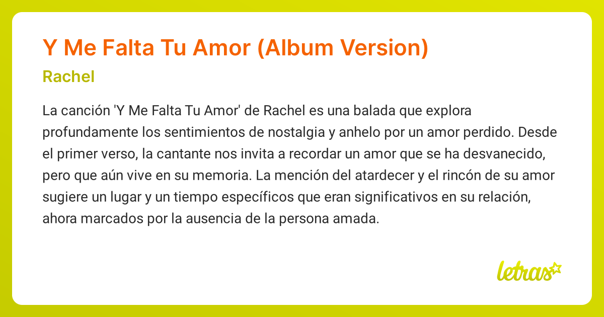 Significado de la canción Y Me Falta Tu Amor (Album Version) (Rachel ...