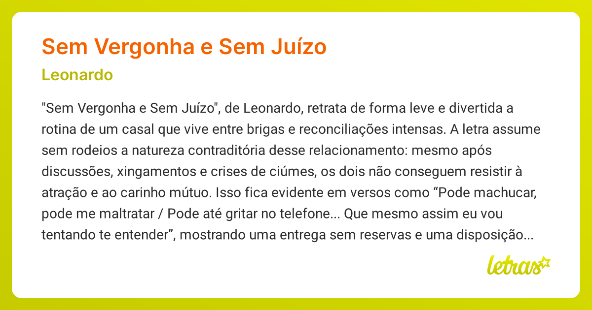Significado da música SEM VERGONHA E SEM JUÍZO (Leonardo) - LETRAS.MUS.BR