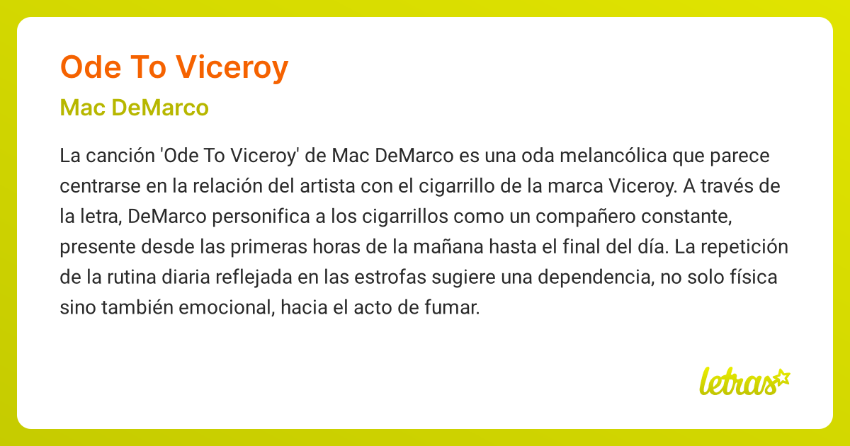 Significado de la cancion ODE TO VICEROY Mac DeMarco LETRAS.COM