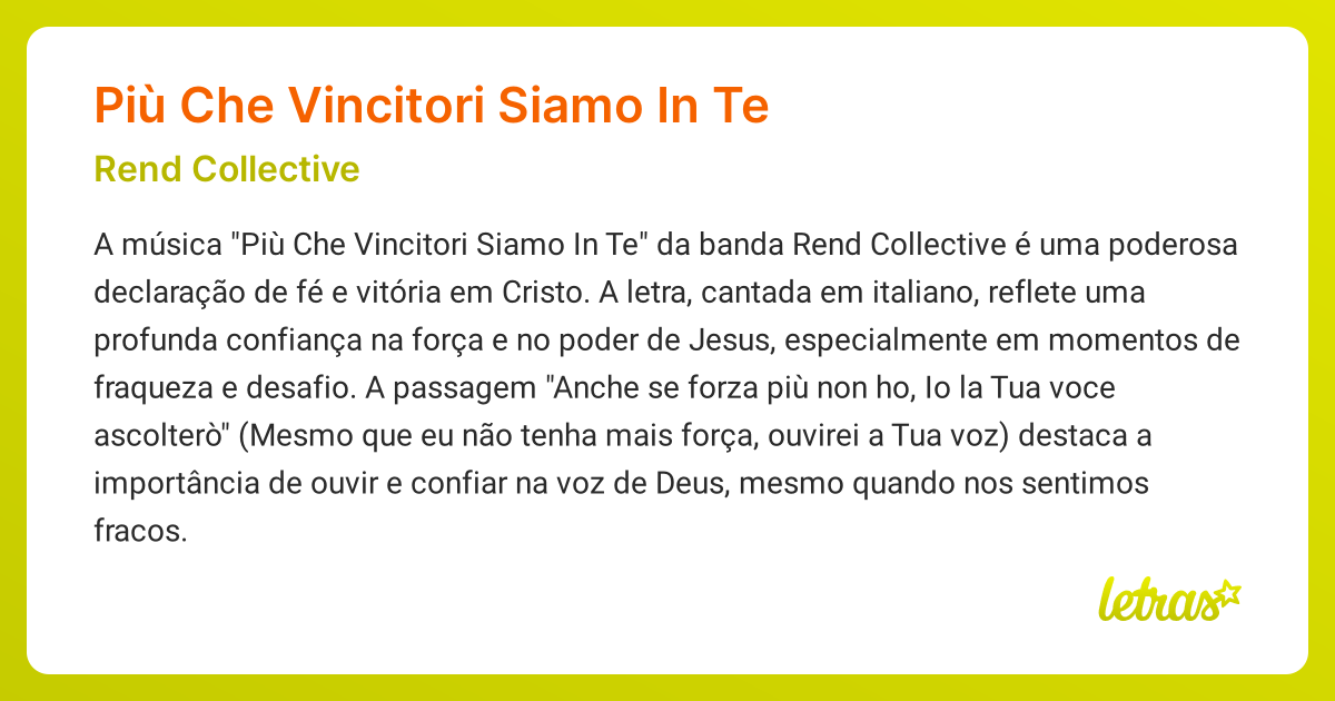 Significado da música PIÙ CHE VINCITORI SIAMO IN TE (Rend Collective ...