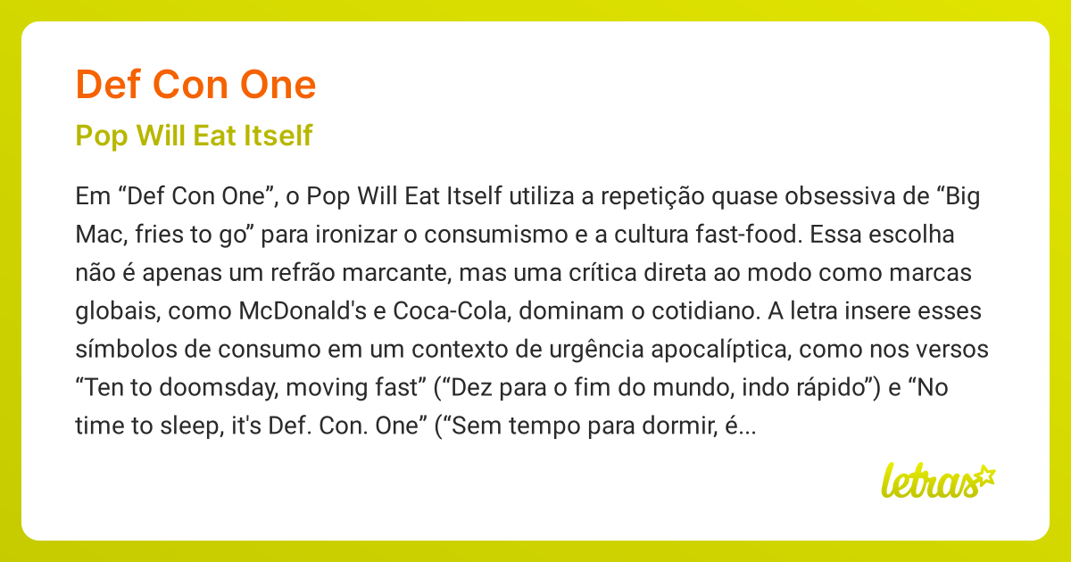 Significado da música DEF CON ONE (Pop Will Eat Itself) - LETRAS.MUS.BR
