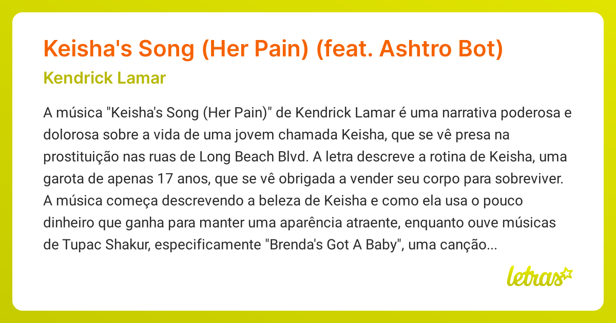 Significado da música Keisha's Song (Her Pain) (feat. Ashtro Bot ...