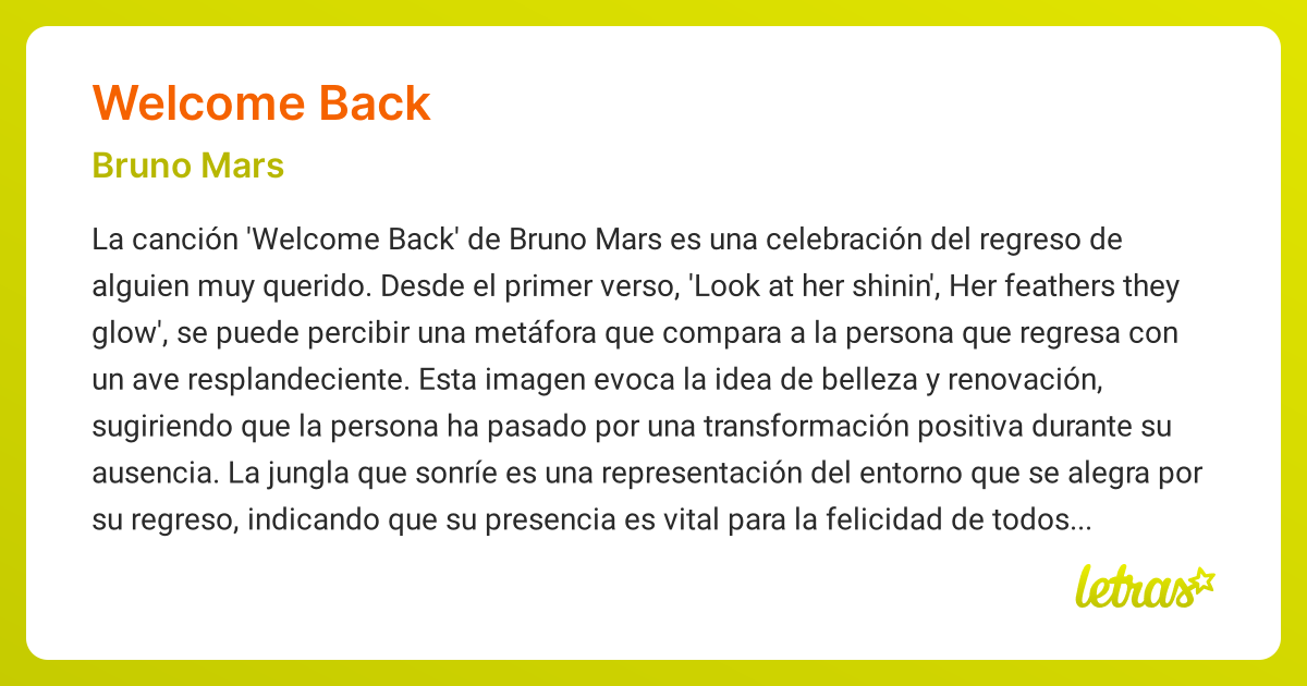 Significado de la canción WELCOME BACK (Bruno Mars) - LETRAS.COM