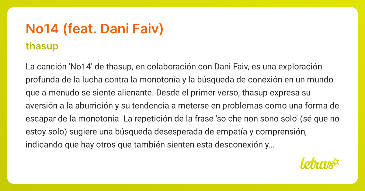 Significado de la canción NO14 (FEAT. DANI FAIV) (thasup) - LETRAS.COM
