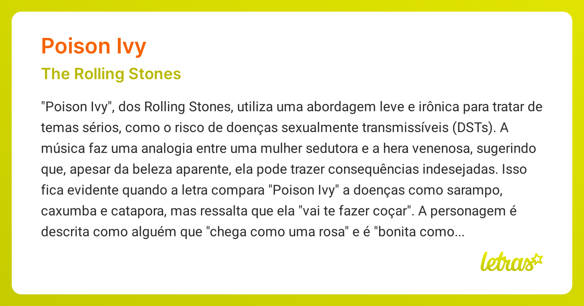 Significado da música POISON IVY (The Rolling Stones) - LETRAS.MUS.BR