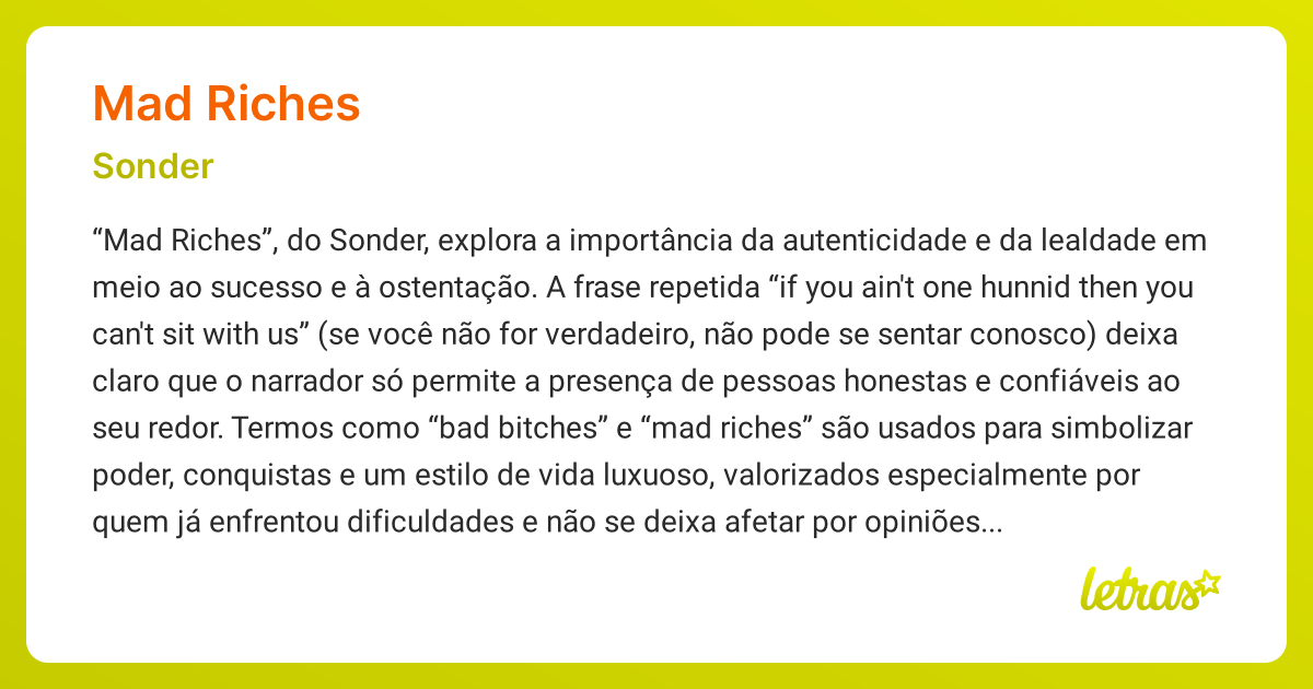 Significado da música MAD RICHES (Sonder) - LETRAS.MUS.BR